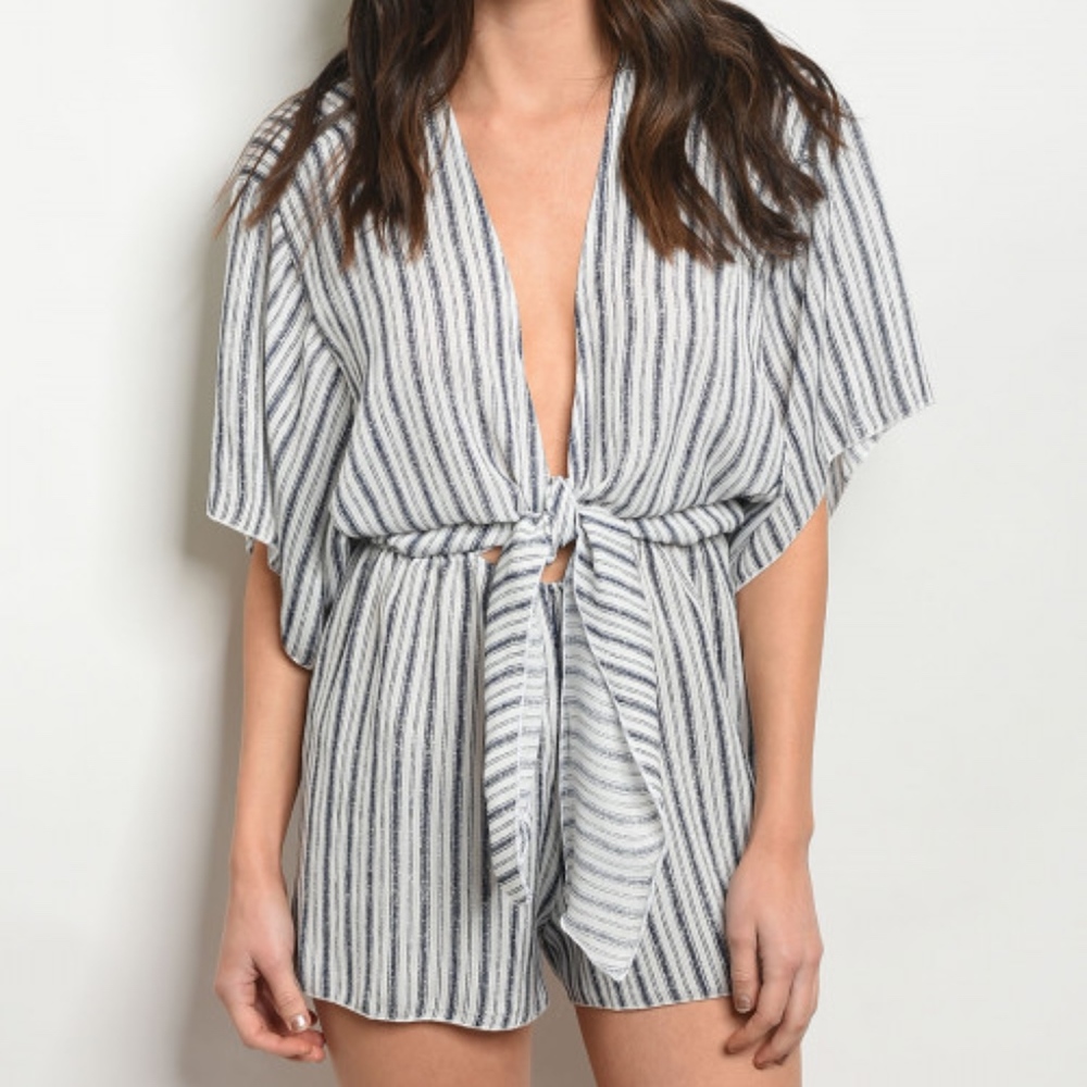 Navy & white pinstripe, tie front shorts romper - Picture 2 of 8